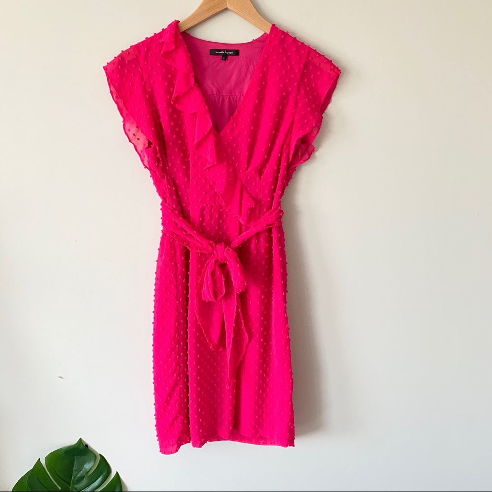 Nanette Lepore Fuchsia Swiss Dot Ruffle Faux Wrap Dress Hot Pink Size 0 - Picture 12 of 12